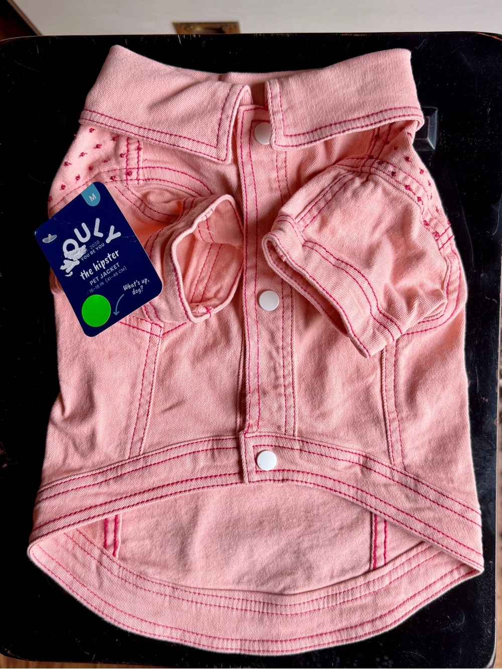 YOULY “Hipster”Pink Denim-Style Dog Jacket with Snap Front & contrast stitching